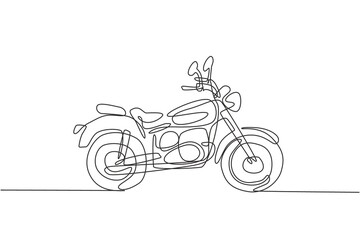 Single continuous line drawing of old classic vintage motorcycle symbol. Retro motorbike transportation concept one line draw graphic design vector illustration