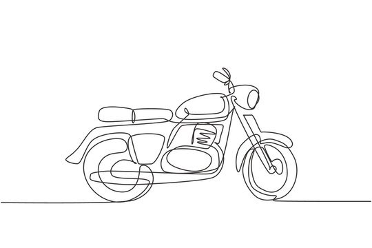 Single continuous line drawing of old classic vintage motorcycle symbol. Retro motorbike transportation concept one line draw design vector graphic illustration
