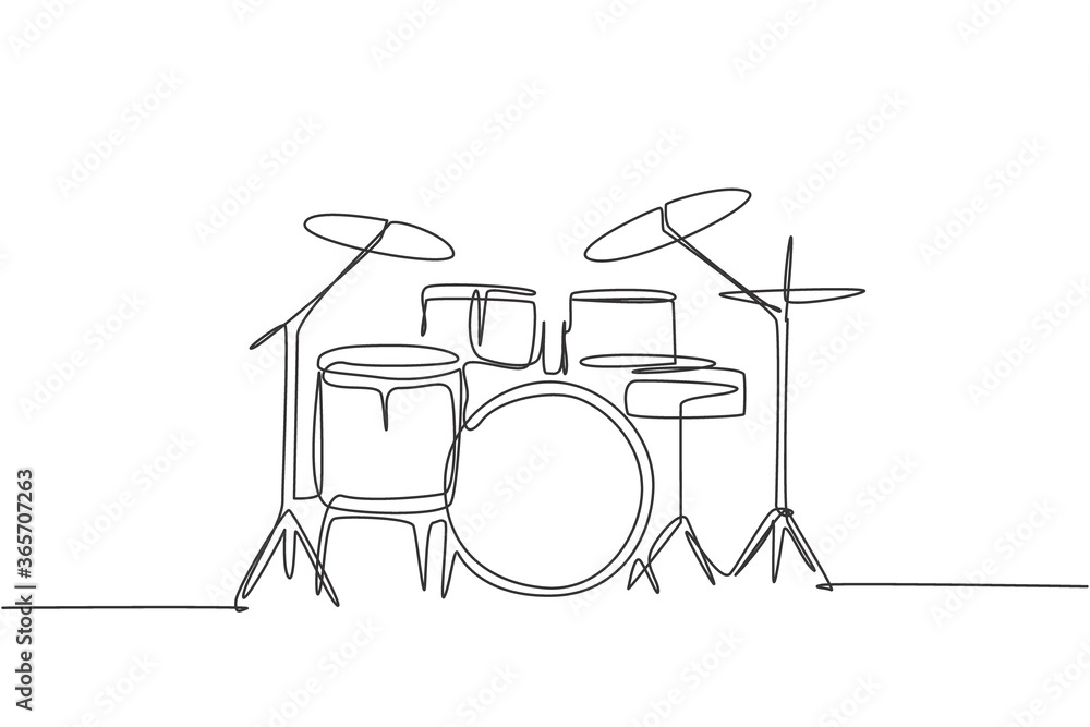 Poster one single line drawing of drum band set. percussion music instruments concept. trendy continuous li