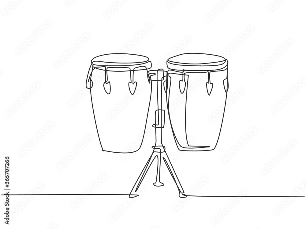 Poster one continuous line drawing of traditional african ethnic drum, bongo. percussion music instruments 