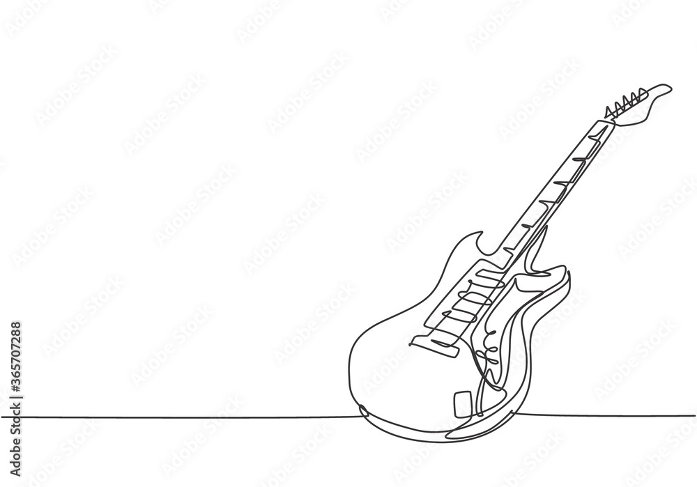 Poster single continuous line drawing of electric guitar. stringed music instruments concept. modern one li