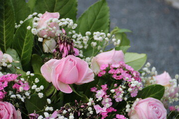 Rosa Blumen auf dem Friedhof nach Beerdigung 