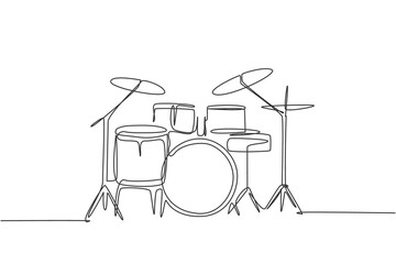 One single line drawing of drum band set. Percussion music instruments concept. Trendy continuous line draw design graphic vector illustration - obrazy, fototapety, plakaty