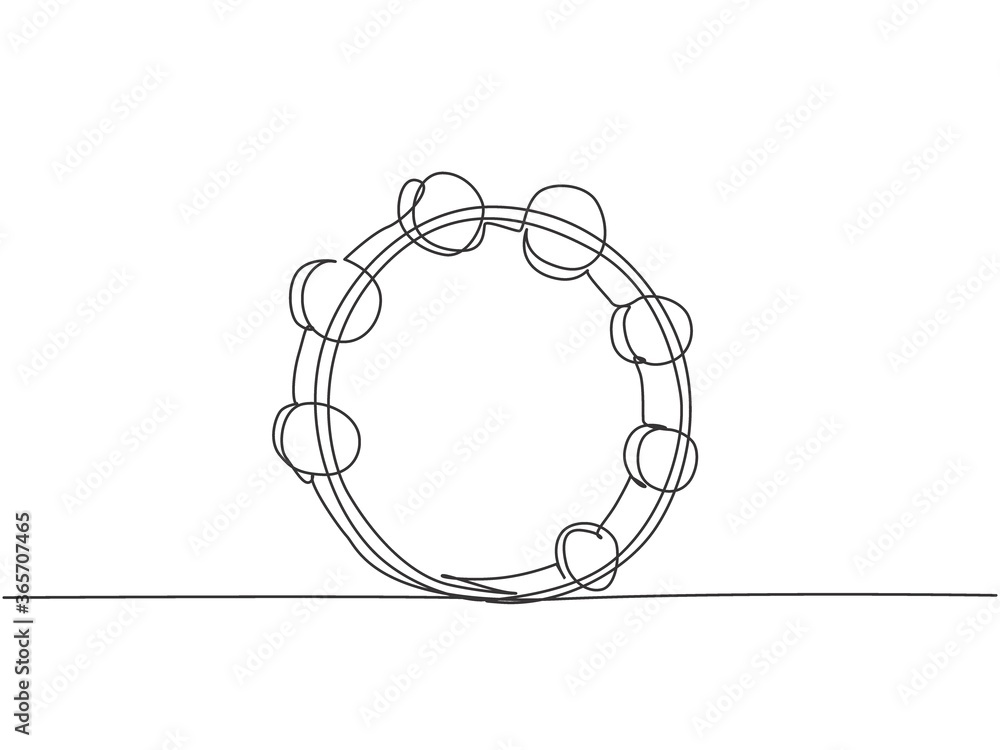 Poster one continuous line drawing of round circle tambourine. dynamic percussion music instruments concept