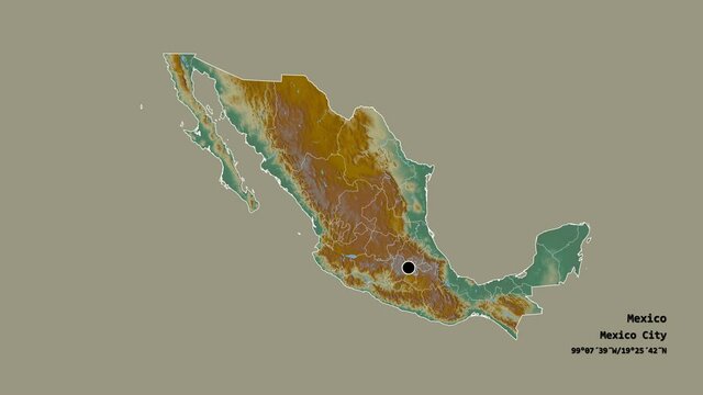 Durango, state of Mexico, with its capital, localized, outlined and zoomed with informative overlays on a relief map in the Stereographic projection. Animation 3D