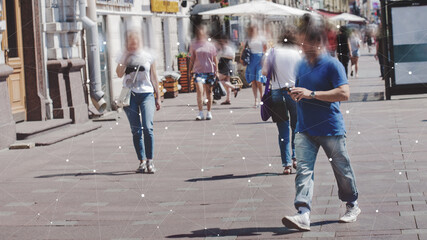 Global networks in everyday life. A crowd of passers-by in a metropolis with graphic elements.