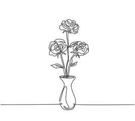 One continuous line drawing of fresh beautiful rose flower on porcelain vase. Modern greeting card, invitation, logo, banner, poster concept single line draw graphic design vector illustration