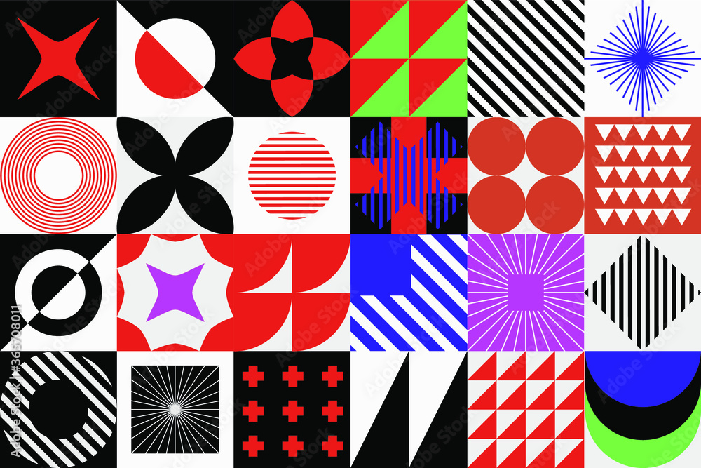 Poster modern geometric seamless pattern with bold simple shapes in bauhaus and neo-memphis retrofuturistic