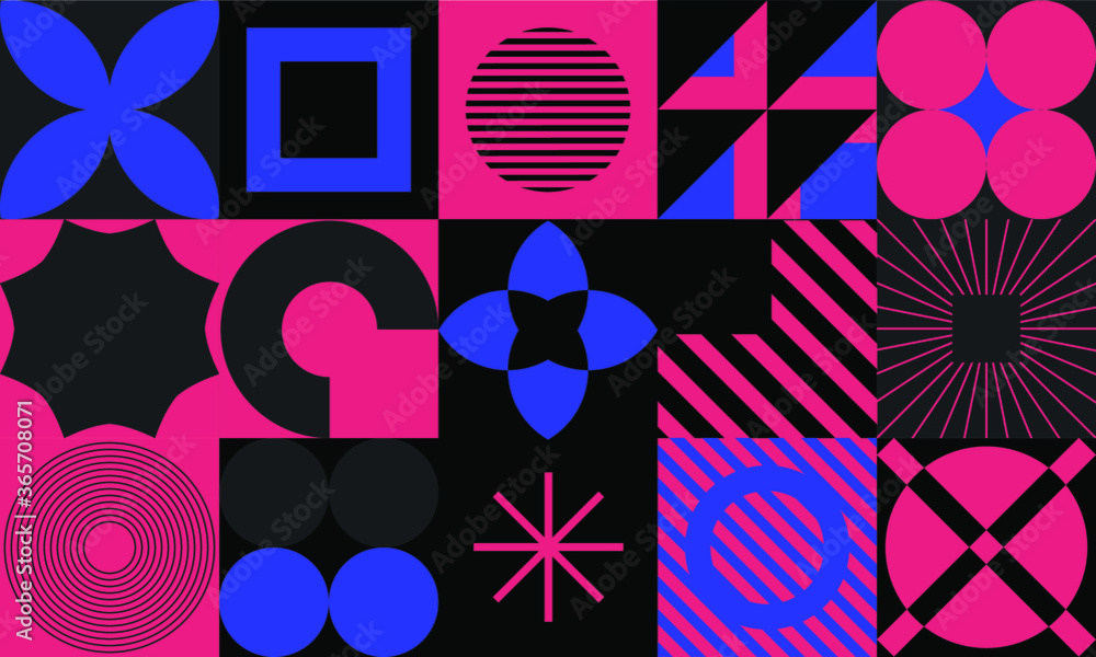 Poster modern geometric seamless pattern with bold simple shapes in bauhaus and neo-memphis retrofuturistic