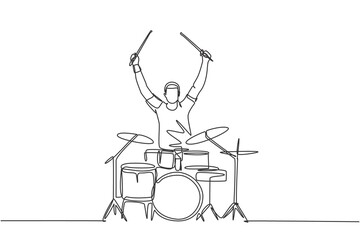 One single line drawing of young happy male drummer raise drumstick up while play drum set on music concert stage. Musician artist performance concept continuous line draw design vector illustration - obrazy, fototapety, plakaty