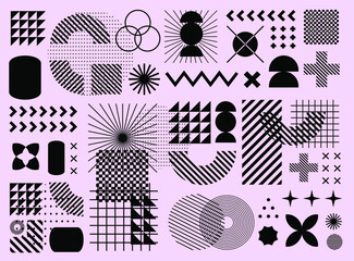 Minimal artwork with different colorful shapes and figures. Neo-memphis mid century modern composition of simple bold forms.