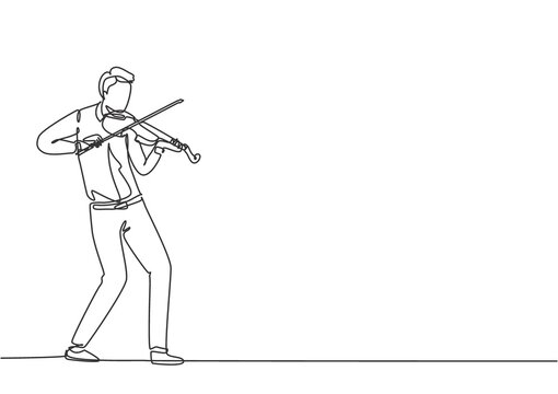 One single line drawing of young happy male violinist performing to play violin on music concert. Musician artist performance concept continuous line draw design vector graphic illustration
