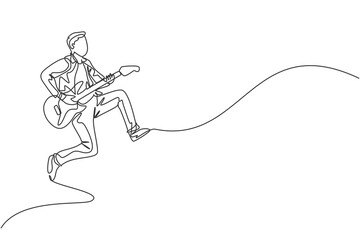 One continuous line drawing of young happy male guitarist jumping while playing electric guitar on music concert stage. Musician artist performance concept single line draw design vector illustration
