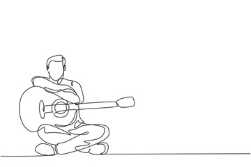 Fototapeta na wymiar One continuous line drawing of young happy male guitarist posing after playing acoustic guitar. Dynamic musician artist performance concept single line graphic draw design vector illustration