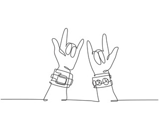 Obraz premium Single continuous line drawing of rocker showing hand gesture of rock music. Modern musician artist performance concept one line draw graphic design vector illustration