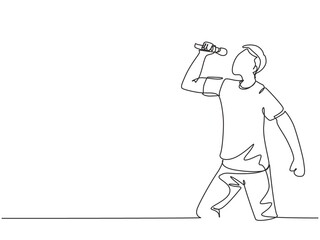 One single line drawing of young happy male rocker singer holding microphone and singing on music concert stage. Musician artist performance concept continuous line draw design vector illustration