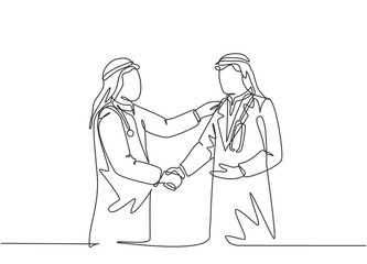 Single continuous line drawing of young muslim businessman handshake his personal doctor. Arab middle east businessmen with shmagh, kandura, thawb, robe cloth. One line draw design vector illustration
