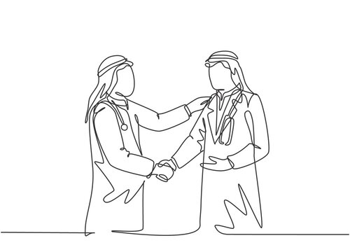 Single Continuous Line Drawing Of Young Muslim Businessman Handshake His Personal Doctor. Arab Middle East Businessmen With Shmagh, Kandura, Thawb, Robe Cloth. One Line Draw Design Vector Illustration