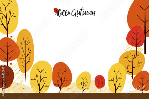 Cute Cartoon Autumn Landscape With Copy Space Vector Hello Autumn With Forest Tree Autumn Or Fall For Banner Sale Card And Template Background Wall Mural Anchalee
