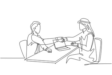 One continuous line drawing of young muslim business man handshake after deal a project. Saudi Arabian businessmen with kandura, scarf, keffiyeh clothing. Single line draw design vector illustration
