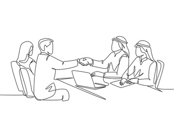 One continuous line drawing of young muslim business man handshake his company manager. Saudi Arabian businessmen with shemag, kandura, scarf and clothing. Single line draw design vector illustration