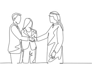 One continuous line drawing of young muslim business man handshake his company manager. Saudi Arabian businessmen with kandura, scarf and keffiyeh clothing. Single line draw design vector illustration