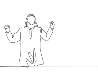 One single line drawing of young happy muslim junior manager raise hands to celebrate the success. Saudi Arabian with shmag, kandora, headscarf, thobe. Continuous line draw design vector illustration