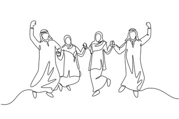 Fototapeta na wymiar One single line drawing of young business people muslim jump together to celebrate. Saudi Arabian businessmen with shmag, kandora, headscarf, ghutra. Continuous line draw design vector illustration