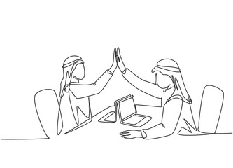 One single line drawing of young happy muslim marketing manager giving high five hands gesture. Saudi Arabian with kandora, headscarf, thobe, ghutra. Continuous line draw design vector illustration