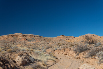 Wide path through the New Mexico desert leading up to a ridge before blue sky, road less traveled, horizontal aspect