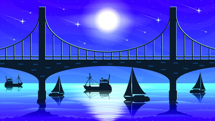 Abstract Dark Water Nature Background WIth Bridge Moon Ship And Stars Design Vector Style