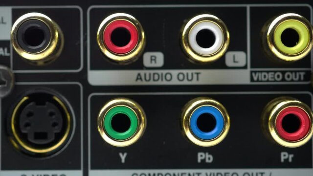 Audio Video Component RCA Connectors On The Back Side Of DVD Player Slider Shot.