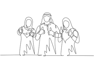 Single continuous line drawing of young muslim general manager with his assistants giving thumb up gestures. Arab middle east cloth kandura, thawb, robe. One line draw design vector illustration