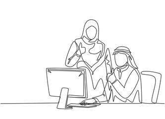 Single continuous line drawing of young muslim male and female employees give thumbs up gestures. Arab middle east cloth shmagh, kandura, thawb, robe. One line draw design vector illustration