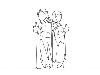 Fototapeta premium One single line drawing of young happy muslim male and female couple give thumb up gesture. Saudi Arabia cloth shmag, kandora, headscarf, thobe, ghutra. Continuous line draw design vector illustration