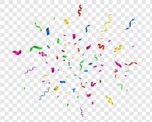 Bright confetti. Vector party celebrate, colorful streamer. Fun illustration carnival decor for holiday celebration on transparent background, decor element for happy surprise