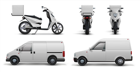 Delivery transport. Realistic commercial scooter, car and van for delivering food and packages to home and offices. Vector illustration transport delivery service set on white background