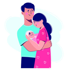 A young family with a newborn child.  A woman holds a child in her arms. Vector illustration in flat style.