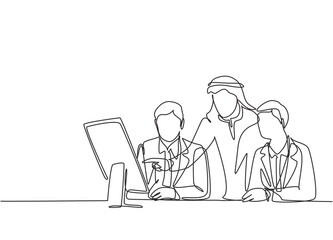 Single continuous line drawing of young muslim businessman watching business presentation from his partners. Arab middle east cloth shmagh, thawb, robe. One line draw design vector illustration