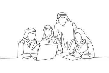 One continuous line drawing of young muslim startup team members serious discussing marketing strategy. Islamic clothing shemag, kandura, scarf hijab, veil. Single line draw design vector illustration