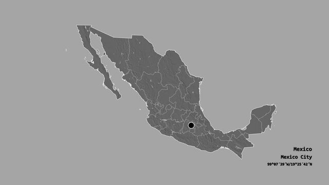 Nayarit, state of Mexico, with its capital, localized, outlined and zoomed with informative overlays on a bilevel map in the Stereographic projection. Animation 3D