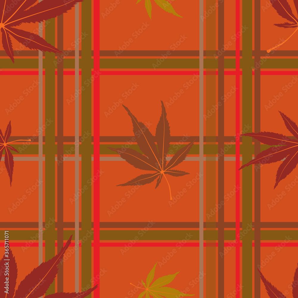 Poster seamless autumn leaves in different designs and colour on tartan pattern background in orange tone, 