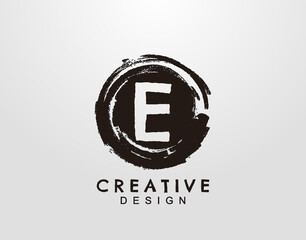 Letter E Logo With Circle Grunge Splatter Element. Retro logo design template.