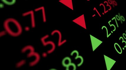 Close up of scrolling stock exchange numbers on a board with depth of field. Looping motion background.