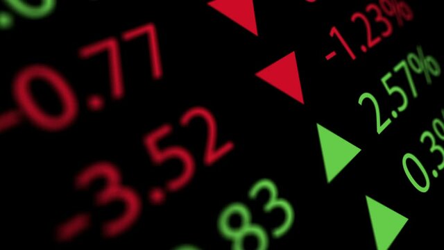 Close up of scrolling stock exchange numbers on a board with depth of field. Looping motion background.