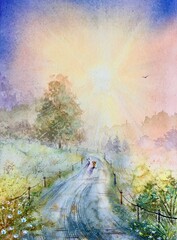 Watercolor two dogs playing and runing. Dog walking silhouette. Foggy landscape. Beautiful sunrise , sunset. 