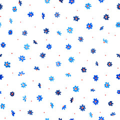 Watercolor seamless floral pattern with small blue flowers and red dots on white background