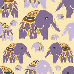 Seamless vector design pattern with a violet elephant on yellow background