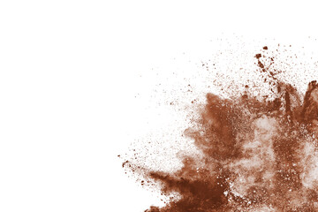 Brown color powder explosion on white background. Colored cloud. Colorful dust explode. Paint Holi.