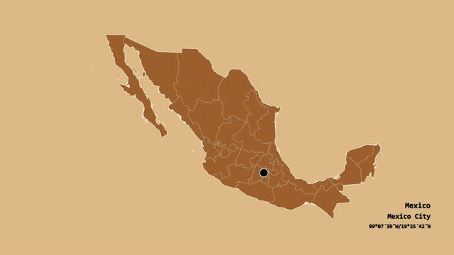 Tabasco, state of Mexico, with its capital, localized, outlined and zoomed with informative overlays on a solid patterned map in the Stereographic projection. Animation 3D